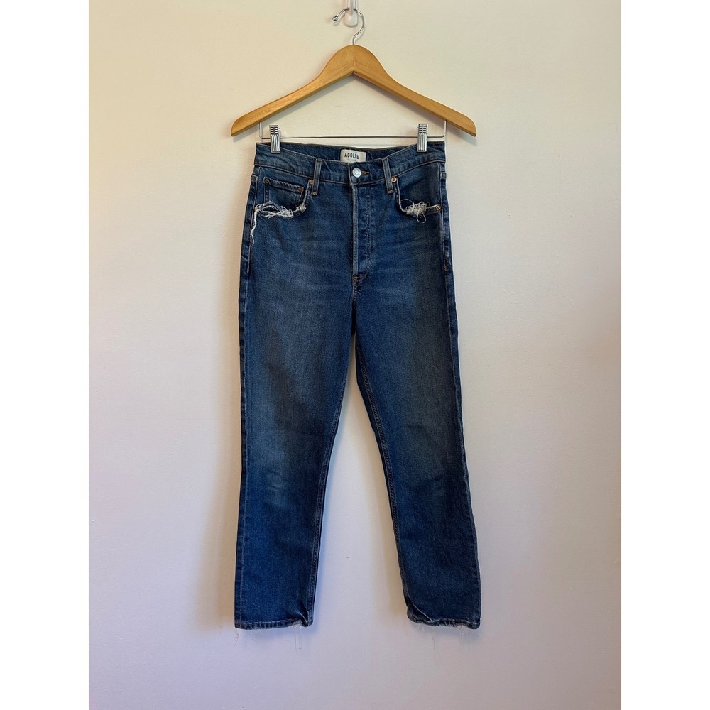 AGOLDE Riley High Rise Straight Crop Jeans in Distressed Indigo | Size 27